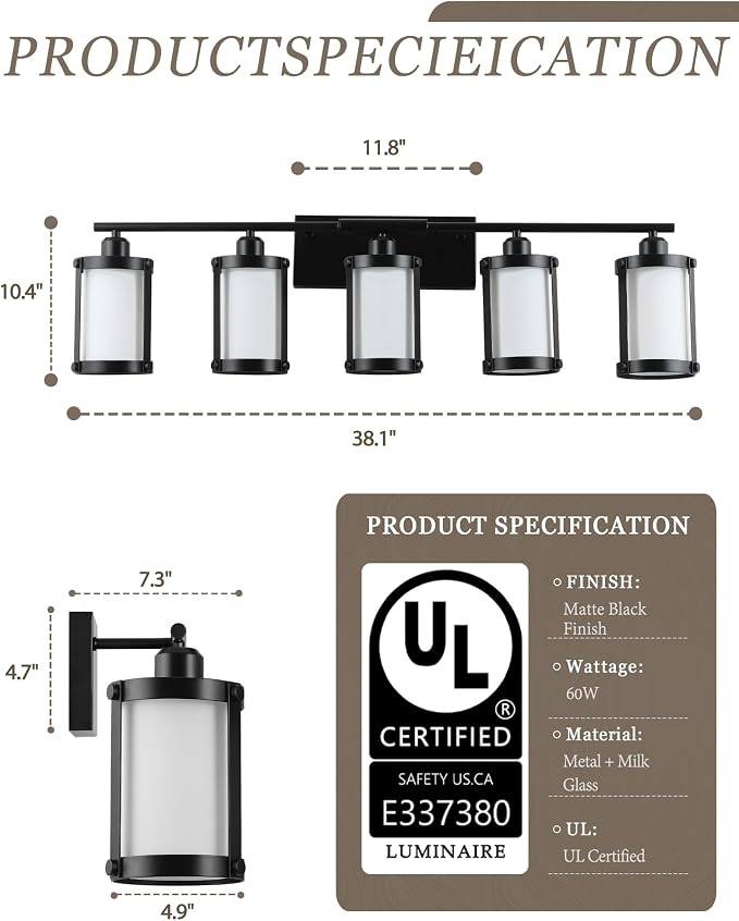 5-Light Matte Black Bathroom Light Fixtures Over Mirror with Frosted Milk Glass and Metal Cage Shade, 38" UL-Listed Modern Farmhouse Wall Sconce for Bath, Hardwire E26, OS-3014BKW-5W