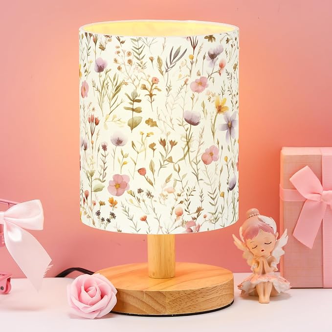 Wildflower Kids Table Lamp for Bedroom Kids Bedside Lamp with Linen Wooden Nightstand Cartoon Nursery Lampshade for Girls Boys Living Room
