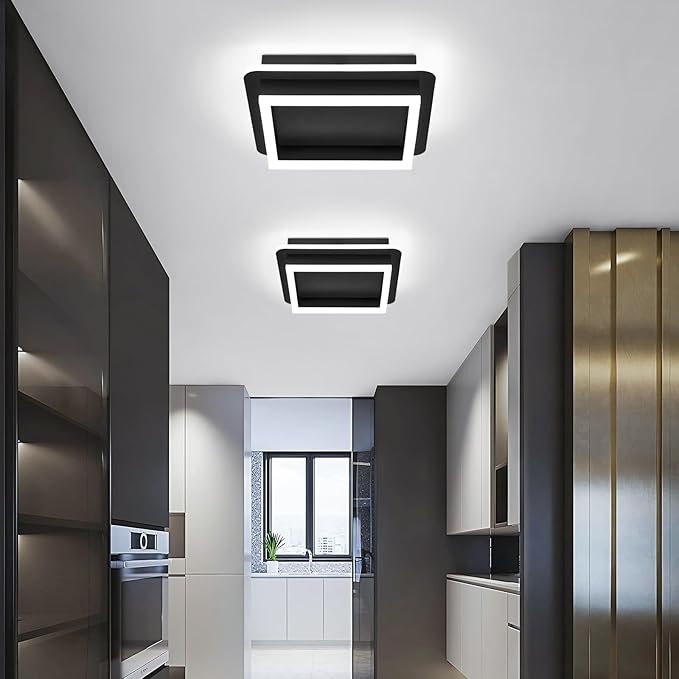CANEOE Black Modern LED Ceiling Light, Square Flush Mount Ceiling Hallway Light Fxitures, 6000K Cold White Small Close to Ceilings Lamp for Bedroom Hallway Kitchen Balcony Cloakroom