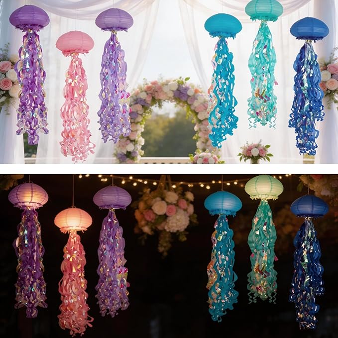 Jellyfish Paper Lanterns with LED Lights Set of 6, Multicolor Oval Hanging Floating Decorations for Under The Sea Party Mermaid Birthday Ocean Classroom Beach Room Aesthetic