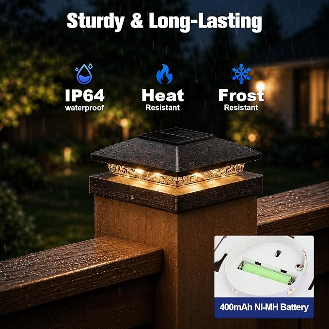 APONUO Solar Post Cap Lights for 4x4 Posts - IP64 Waterproof, Warm White, Wireless Fence Lights & Deck Lights for Patios, Gardens, and Yards, Brushed Copper, 6 Pack