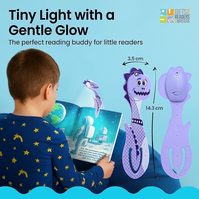 Gifts for Readers & Writers Book Light for Kids, Clip On Reading Light for Bed, 2in1 Flexilight Pals & Bookmark, Small & Lightweight with a Soft Glow, 2 Batteries Included, Dino Purple
