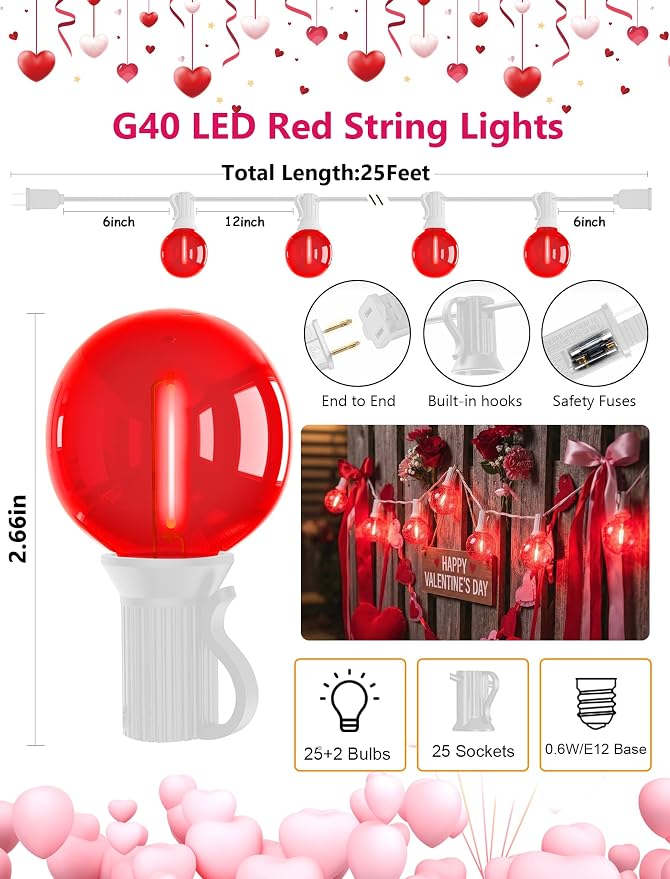 25FT G40 LED Red Outdoor String Lights Waterproof, Hanging Patio Lights with 27 LED Shatterproof Red Globe Bulbs, Outdoor Christmas Decorative Lights for Patio Backyard Garden Valentine’s Day Party