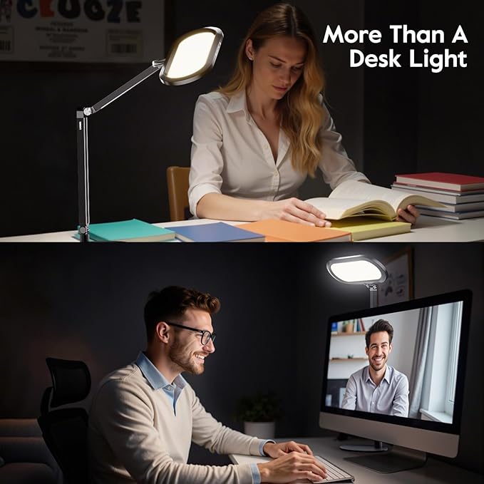 Premium LED Desk Lamp, Dual-Sided Soft Lighting with Knob Remote | Eye-Caring Diffused Light for Home Office, Video Conferencing, Zoom, Reading, Study, Craft, Stepless Dimming & Color, Memory