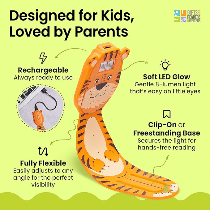 Gifts for Readers & Writers Rechargeable Book Light for Kids, Clip On Reading Light for Bed, 2in1 Flexilight Pals & Bookmark, 12 Hours of Light Once Charged, Includes USB Cable & 2 LED Lights, Tiger