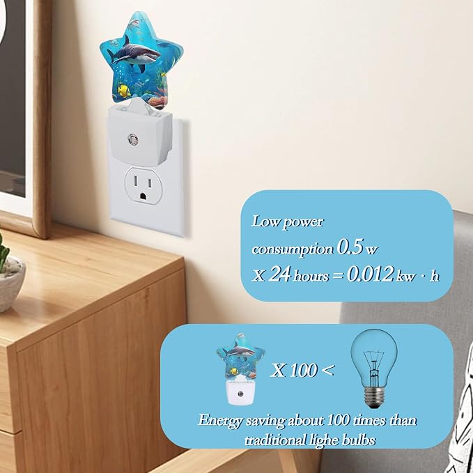 Shark Night Light,Undersea Fishes Plug-in Dusk to Dawn Smart Sensor Nightlight for Bathroom Bedroom Hallway Kitchen Stairs Energy Efficient Decor Desk Lamp