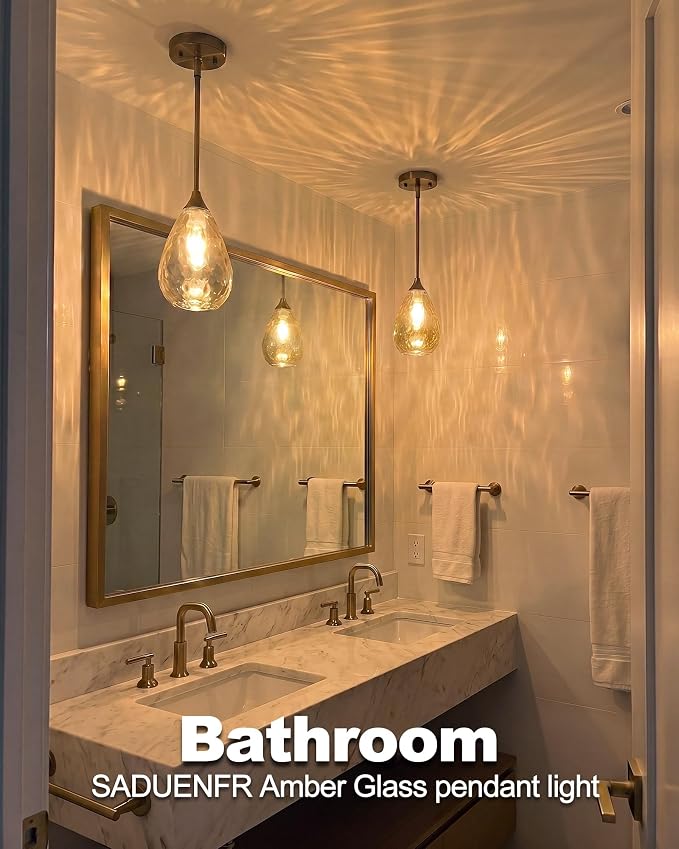 Brushed Gold Pendant Lights Kitchen Island 2 Pack, Modern Glass Pendant Light Fixtures with Amber Hammered Glass and Rods, Adjustable Brass Hanging Light for Kitchen Sink Dining Room Bathroom