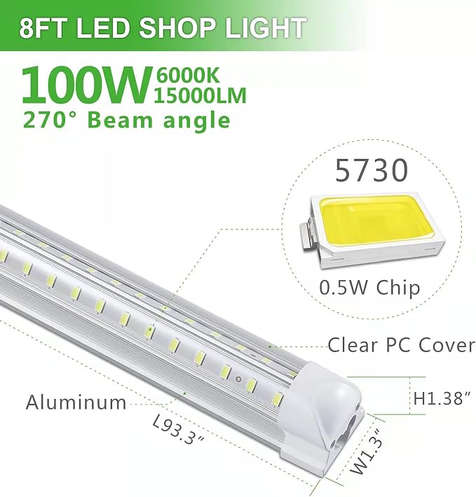 Skymoatled 2Pack 8FT LED Shop Light Garage Lights,100W 6000K 15000LM White Light,Hanging/Surface Mount,Plug and Play,Super Bright T8 Tube Light,Linkable LED Shop Lights for Warehouse Workshop Basement
