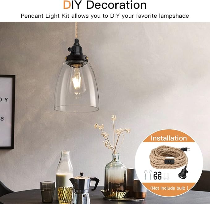 16.5FT Pendant Light Kit, Hanging Lights with Plug in Cord & Switch, Hemp Rope Swag E26 Socket Pendant Lamp, Extension Lantern Cable Vintage Farmhouse Industrial Retro DIY Decoration Fixtures