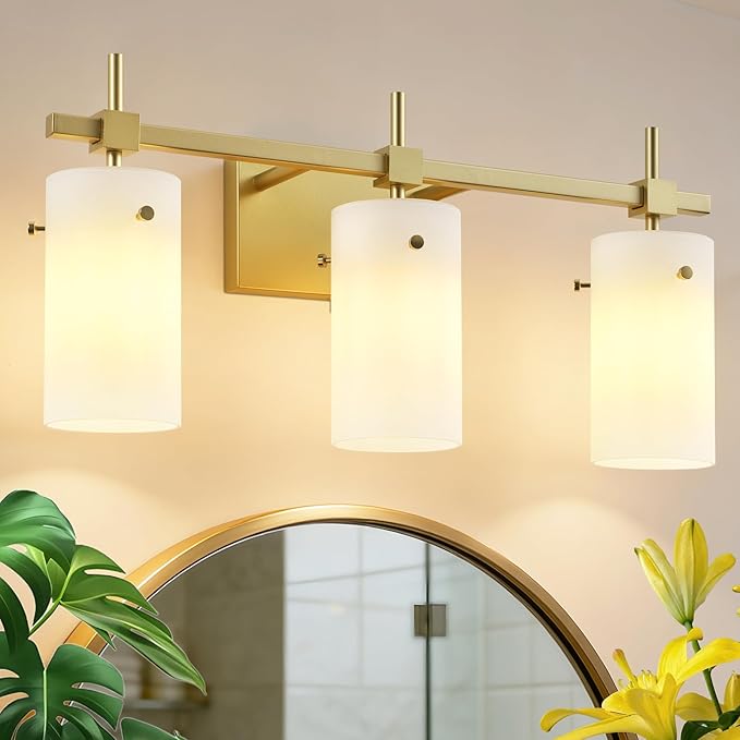 SOLFART 3-Light Bathroom Vanity Light, Modern Brushed Gold Wall Lights with Milky White Glass Shades, Bathroom Wall Sconce Lamp for Mirror Living Room Bedroom Hallway (Bulbs Not Included)