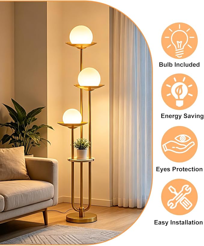 3-Globe Floor Lamp with Shelf 63IN Mid Century Modern Floor Lamps Dimmable with 3000K Soft Warm White Bulbs for Wedding/Party, Gold Tall Standing Lamp for Living Room/Bedroom