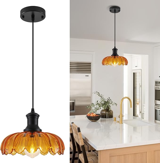 Orange Pendant Light, Kitchen Pendant Light with Glass Shade, Vintage Pendant Lighting for Kitchen Island, Dining Room, Bedroom, Living Room, Bathroom, Hallway, Sink