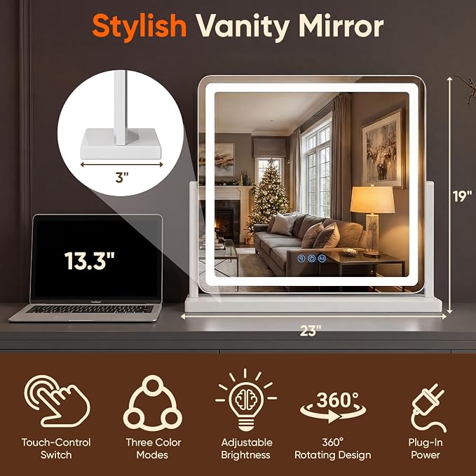Antok Vanity Mirror with Lights, 24"X20" Lighted Makeup Mirror, Smart Touch, 3 Color Modes and Brightness Adjustable, LED Vanity Mirror with Detachable 10X Magnification, 360° Rotation for Makeup Desk