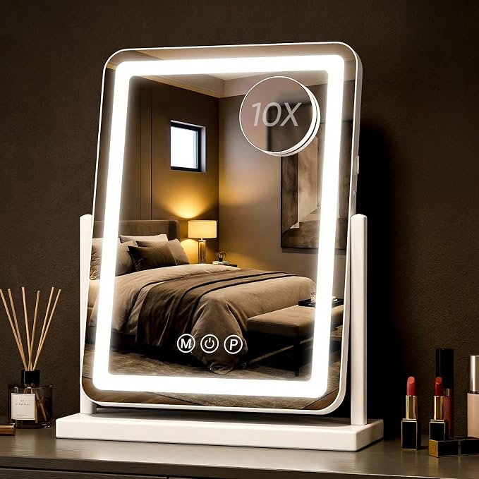 Antok Vanity Mirror with Lights, 14"X18" Lighted Makeup Mirror, Smart Touch, 3 Color Modes and Brightness Adjustable, LED Vanity Mirror with Detachable 10X Magnification, 360° Rotation for Makeup Desk