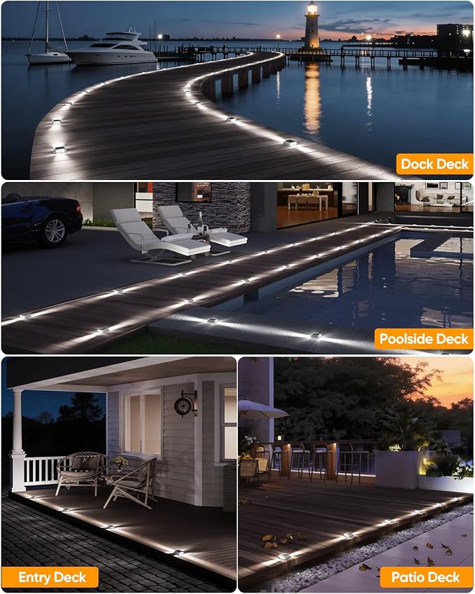 DetarZinLED Solar Driveway Lights Outdoor IP68 Waterproof Led 4 Pack White | Sturdy PC Shell, Stick on & Screw Mount, Markers Light for Outside Deck, Driveway, Step, Walkway, Patio, Pathway, Stair, pool