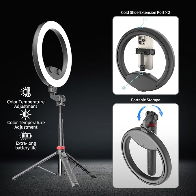 10''Selfie Ring Light with 64''Tripod Stand,Rechargeable Ring Light with Phone Holder and Remote Control,Adjustable Color Temperature and Brightness,5000mAh Battery,Live Streaming,Makeup,Travel,Gaming