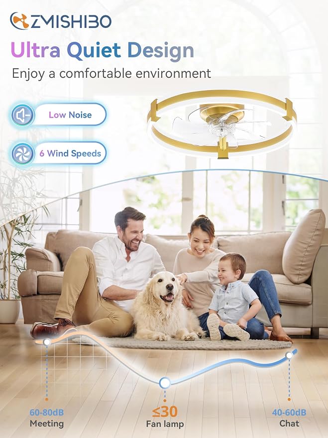 ZMISHIBO 20" RGB Low Profile Ceiling Fans with Lights and Remote, Gold | Custom RGB+3CCT Dimmable, 6 Speeds, Remote/App Control, Reversible DC Motor, Memory, Timer, Modern Fandelier for Kids/Bedroom