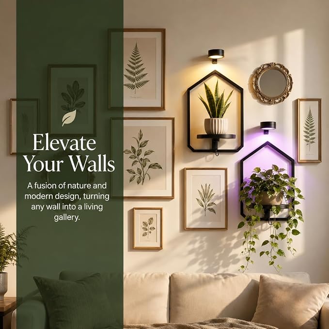 2 Pack Wall Mounted Plant Shelf with Grow Light, Hanging Plant Shelf | Floating Plant Wall Shelf Decor with Wireless Rechargeable LED Plant Light & Remote Control for Bedroom Living Room Apartment