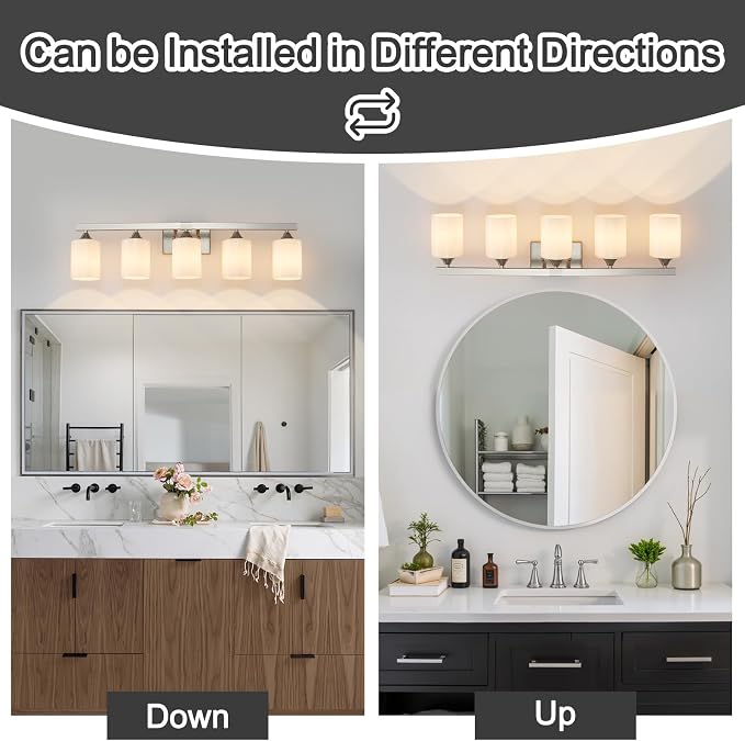 ZHU YAN Modern Vanity Light Over Mirror, 5-Light Brushed Nickel Bathroom Lighting Fixtures, White Frosted Glass Shades,Bathroom Lights for Mirror Living Room Bedroom E26 Socket