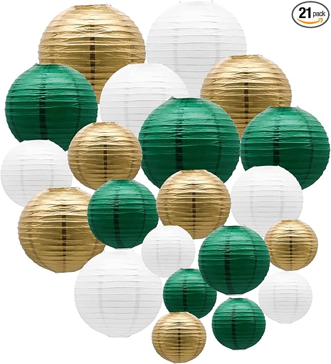 21-Pack Green Gold Paper Lanterns Party Decorations | Round Hanging Lantern for St. Patrick's Day, Graduation, Wedding, Tropical Jungle Theme Birthday, Football Theme Baby Shower