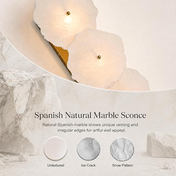 Alabaster Wall Sconce, 2-Light Natural Spanish Marble Wall Sconces, Brushed Gold Hardwired Indoor Wall Sconce with G9 Bulbs, Dimmable Irregular Modern Alabaster Light for Living Room, Bedroom(1 Pack)