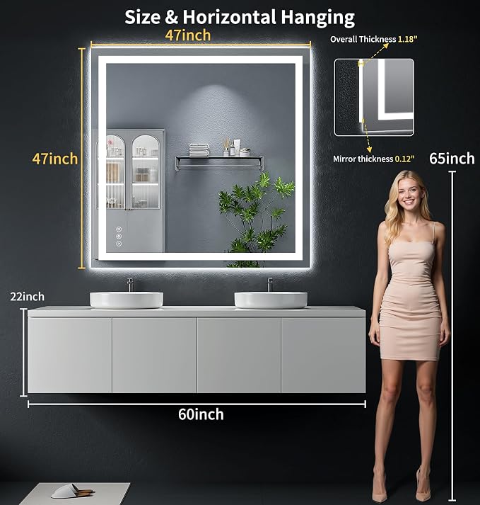 47"x47" LED Bathroom Mirror with Lights, Backlit+Frontlit, Anti-Fog | CRI 95, Stepless Dimmable, 3 Colors Lighting, Shatterproof Tempered Glass, HD Reflection, Memory, (Horizontal/Vertical)