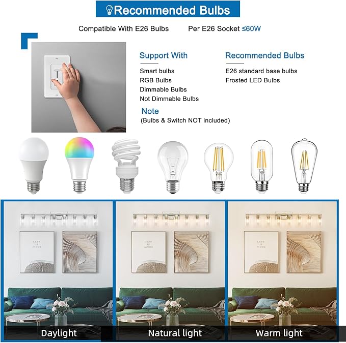 8 Light Bathroom Vanity Light Brushed Nickel Bathroom Light Fixtures 8-Light Vanity Lights for Bathrrom Lights Fixtures Over Mirror Large Wall Sconce with Clear Glass Shade
