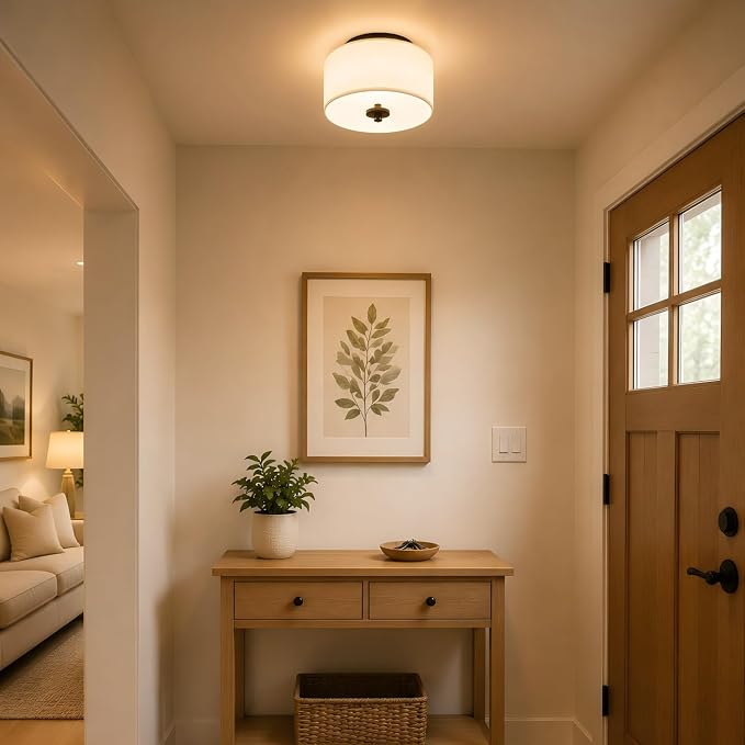 2-Light Flush Mount Ceiling Light Fixture, 12” Modern Close to Ceiling Light with White Fabric Drum Shade, Round Ceiling Light for Bedroom Hallway Living Room Bathroom Dining Kitchen | Modern Close to Ceiling Light,White fabric shade,E26,Great for comp...