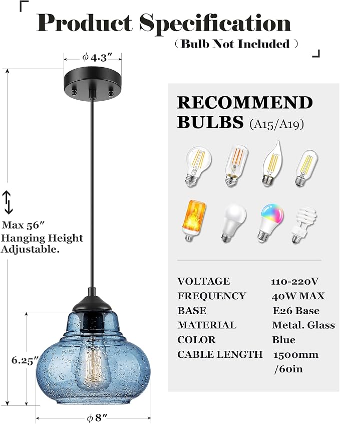 ELYONA 2 Pack Bubble Glass Pendant Lights 8 inch Modern Blue Hand Blown Globe Glass Pendant Lighting Hanging Light fixtures for Kitchen Island Dining Room Bar Bedroom Living Room