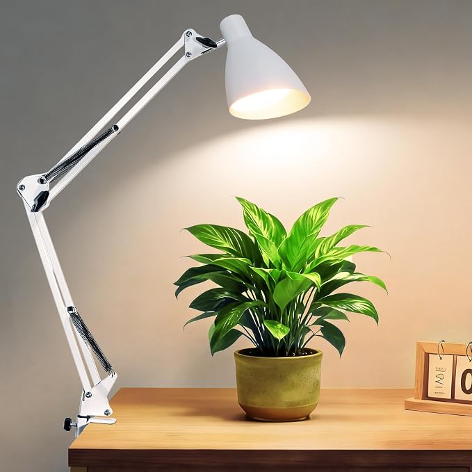 Swing Arm Desk Lamp with Clamp, Adjustable Arm LED Clamp on Desk Lamps with 5 Color Modes and 10 Brightness for Home Office Reading Drafting Study (White)