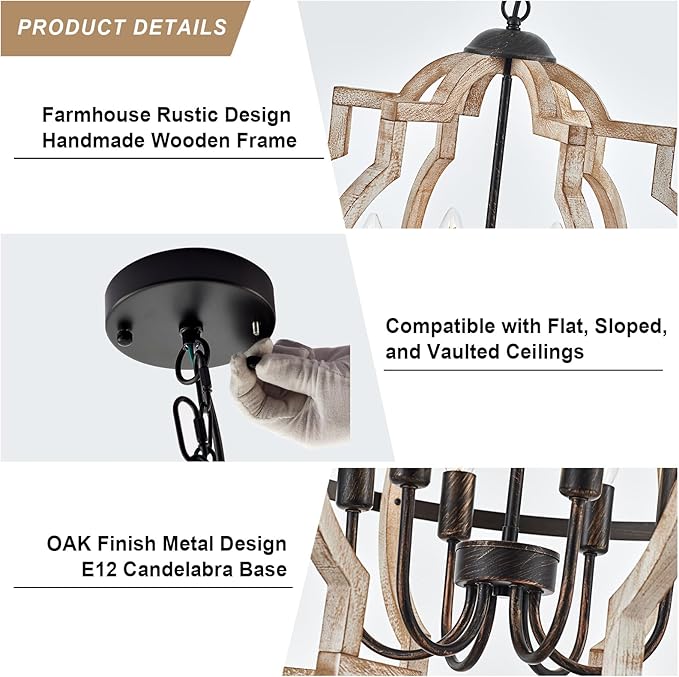 Farmhouse Chandelier for Dining Room Vintage Rustic Oak Distressed White 23'' 6-Light Wood Pendant Lighting Globe Hanging Ceiling Light Fixtures for Entryway Foyer Kitchen Living Room