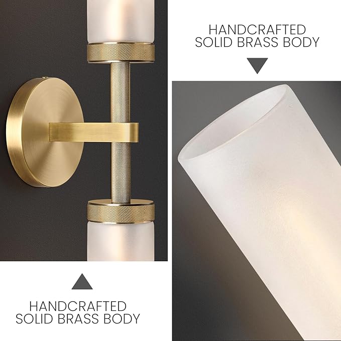 2Pc 30" Knurled Brass 2 Light Wall Sconces, Long Modern Hardwired Bathroom Vanity Light, Frosted Glass Tube Linear Wall Light Fixtures, for Mirror,Bedroom,Living Room,Hallway