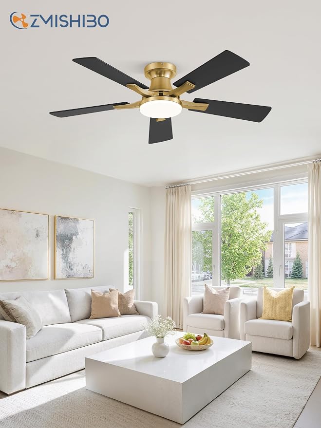 ZMISHIBO 42 Inch Ceiling Fans with Lights, Remote&App Control, Flush Mount | Low Profile, Dimmable 20W LED Light, Quiet Reversible Motor, Strong Airflow, Easy Install for Bedroom/Living Room/Apt, Gold