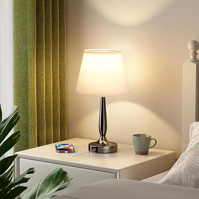 Kakanuo Touch Bedside Lamp for Bedroom with USB C Port, Small Touch Table Lamp with 2 USB Charging Ports, 3 Way Dimmable Nightstand Lamp for Living Room and Office - White (LED Bulb Included)