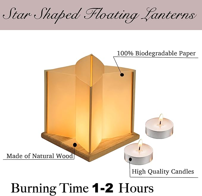 10 Pack 6" Star Shaped Floating Lanterns with Waterproof Wooden Base Sets, Paper Water Lanterns Decoration with LED Tealight Candle (10Sets Lanterns+Candles)