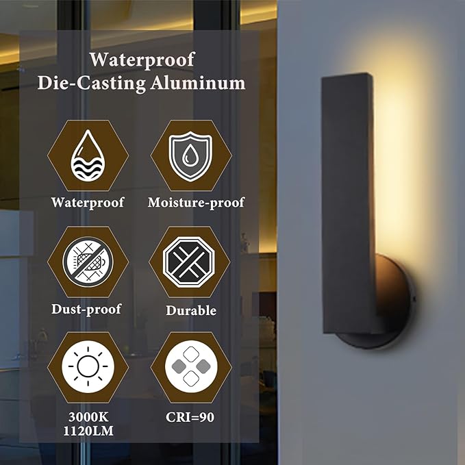 Aluminum LED 18W Modern Wall Sconces Set of 2 Black | Wall Lighting Indoor Outdoor Hardwired Wall Lights for Office,Porch, Bedroom, Bathroom, Living Room,Stairway