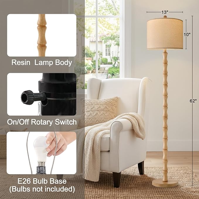62" Farmhouse Floor Lamp for Living Room, Rustic Standing Lamp with Linen Shade and Rotary Switch, Tall Resin Corner Floor Lamp for Bedroom, Nursery, Office, Home Decor