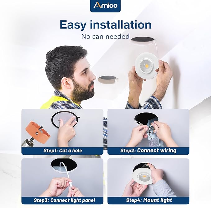 Amico 12 Pack 3 Inch 5CCT Eyeball LED Recessed Lighting, 360° Adjustable Rotation Gimbal Directional Downlight, Dimmable, 2700K/3000K/3500K/4000K/5000K Selectable, 8W 600LM CRI90+, ETL&FCC, White