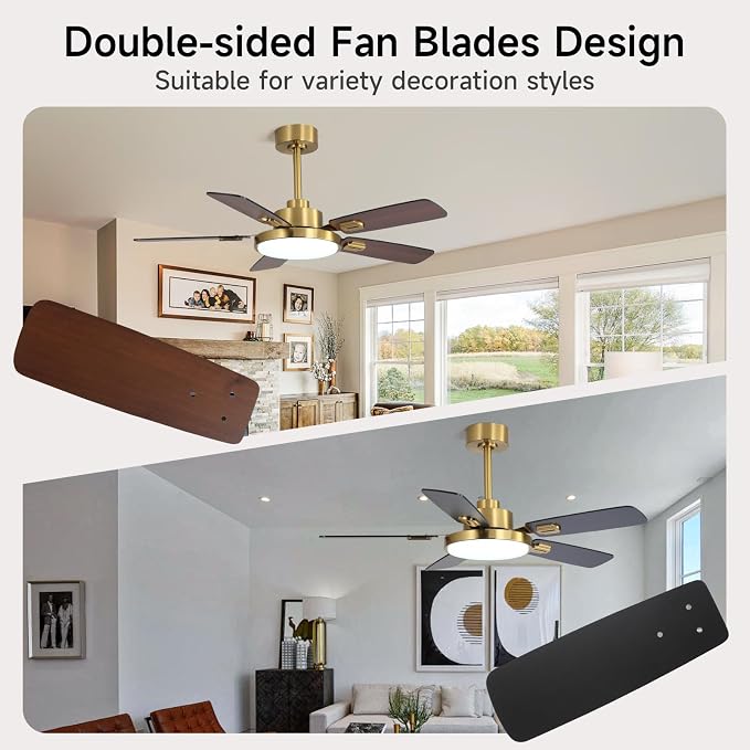 44 Inch Ceiling Fans with Lights and Remote for Bedroom Living Room Kitchen Office, Indoor/Outdoor Use, 5CCT Dimmable, Dual Color 5 Blades, 6 Speed Reversible Quiet DC Motor, Gold/Wood Grain