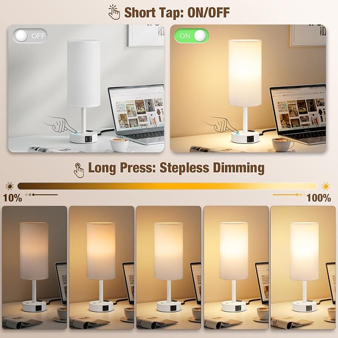 White Touch Bedside Lamp for Bedroom, Stepless Dimmable, USB A+C, AC Outlet | Base Touch Button Only, Memory Brightness, Ultra-dim Night Light, Included Bulb for Optimal Dimming, White Lamp Base, Nursery