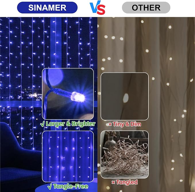 Curtain String Light, 200LED 6.6x6.6ft, Remote & 8 Modes, USB | Window Wall Hanging String Lights, For Bedroom, Wedding, Party, Home, Garden and Indoor Decorations, Blue