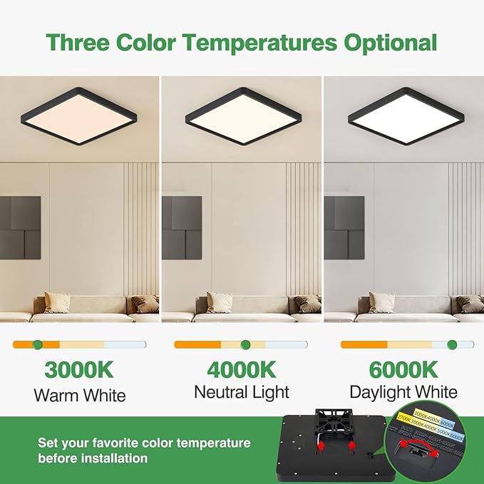 12 Inch 6PK Square LED Flush Mount Ceiling Light, 24W, 2500LM, 3000K/4000K/6000K CCT Selectable, LED Flat Panel Low Profile Ceiling Light Fitures for Hallway, Kitchen, Bedroom, Laundry Room