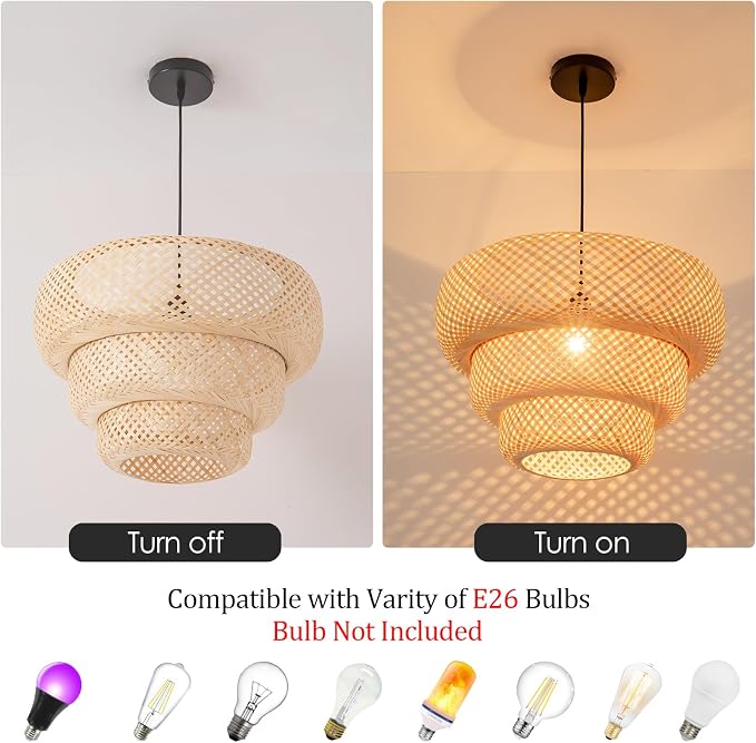 18.5" Bamboo Pendant Light,Rattan Chadelier | Hand-Woven Bamboo Rattan Chandelier Shade for Dining Living Bedroom Kitchen Farmhouse 1-Pack