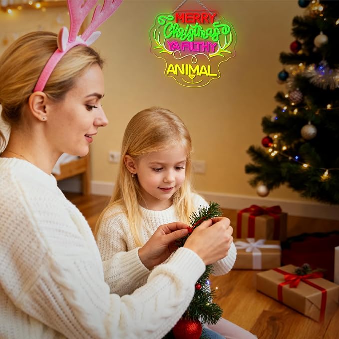 Merry Christmas LED Neon Sign Christmas Deer Light for Grinch Decoration | 14.33IN*12.6IN,Merry Christmas Ya Filthy Animal,Five level brightness adjustment,USB power,For Bar,Club,Pub,Home,Party