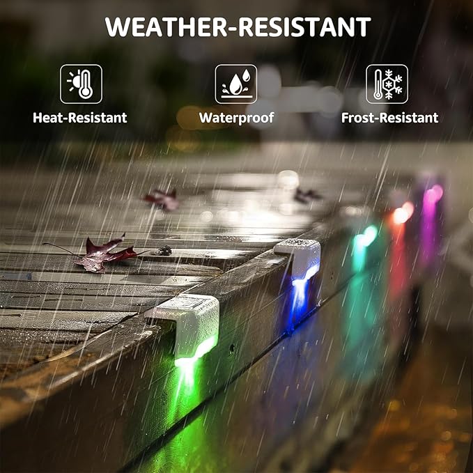 4 Pack Color Change Solar Step Lights Outdoor Small Waterproof RGB LED Stair Lamp Outside Decorative Lighting for Deck, Staircase, Railing, Pool, Retaining Wall, No Drill Install(White Shell)