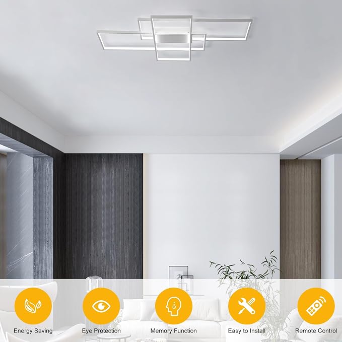 GEADI 35.4" Modern LED Flush Mount Ceiling Light, White | 50W Rectangle Ceiling Light Fixture with Remote Control, 3000K-6500K Adjustable for Kitchen, Bedroom & Living Room