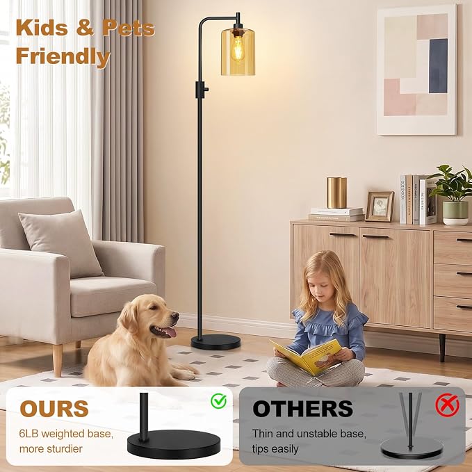 【Upgraded】 Dimmable Floor Lamp for Living Room with Amber Glass Lampshade, Black Modern Glass Floor Lamp with 900LM LED Bulb Included, Arc Standing Tall Lamp for Bedroom, Office, Reading Room, Corner