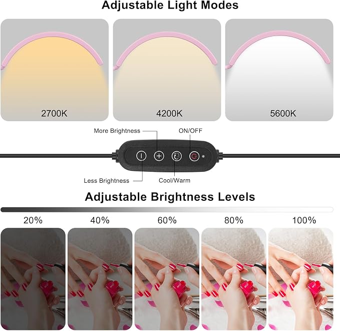 Professional Half Moon LED Desk Light for Nail Techs & Artists – Flexible Gooseneck Lamp with Clamp, 3 Color Modes & 5 Brightness Levels for Manicure, Tattoo, Beauty Work