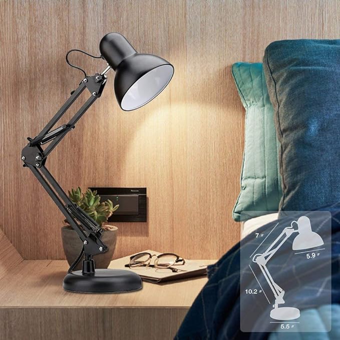 PowerKing Metal Swing Arm Desk Lamps, Adjustable Architect Lamp, Black | Metal Material, Adjustable & Flexible, Fits E26 E27 Bulbs, 2-in-1 Design, Eye-Caring Reading Light, for Home & Office