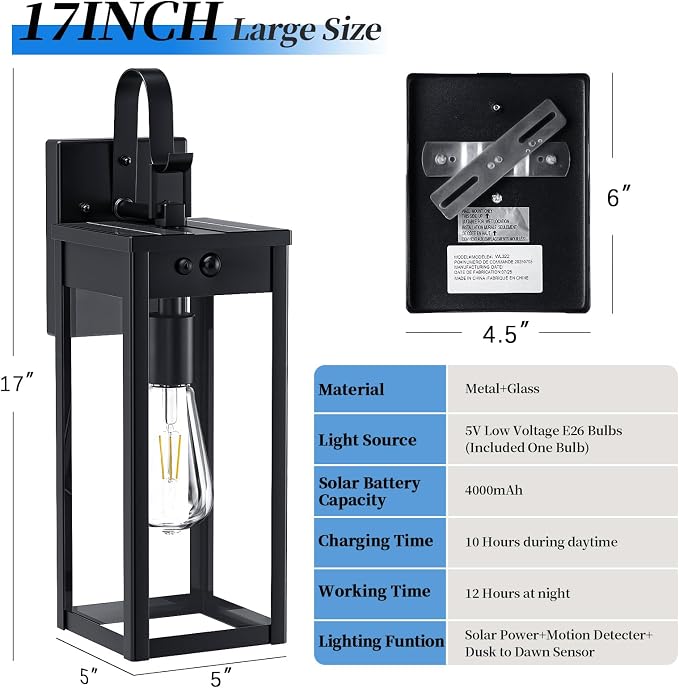 17" Solar Porch Lights Outdoor, with Motion Sensor, 2 Packs, Black | Waterproof, Motion Sensor, Dusk to Dawn, Modern Wall Sconce Lantern, For House Patio Garage